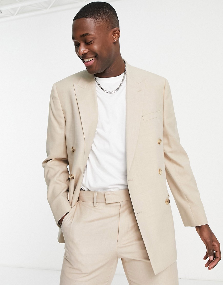 Topman double breasted slim suit jacket in stone-Neutral