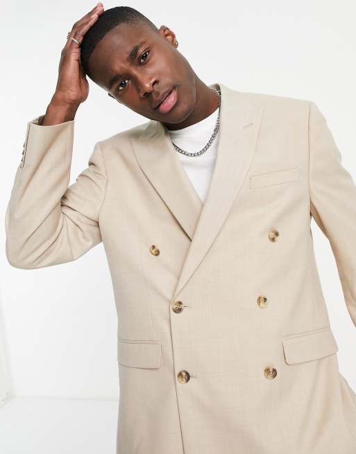 Topman double breasted slim suit jacket in stone ASOS