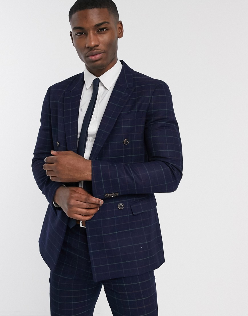Topman double breasted suit jacket in navy check