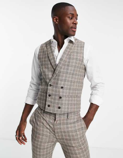 Topman double breasted suit waistcoat in brown check | ASOS