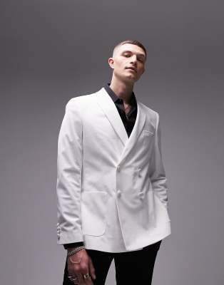 Topman Double Breasted Velvet Blazer In White