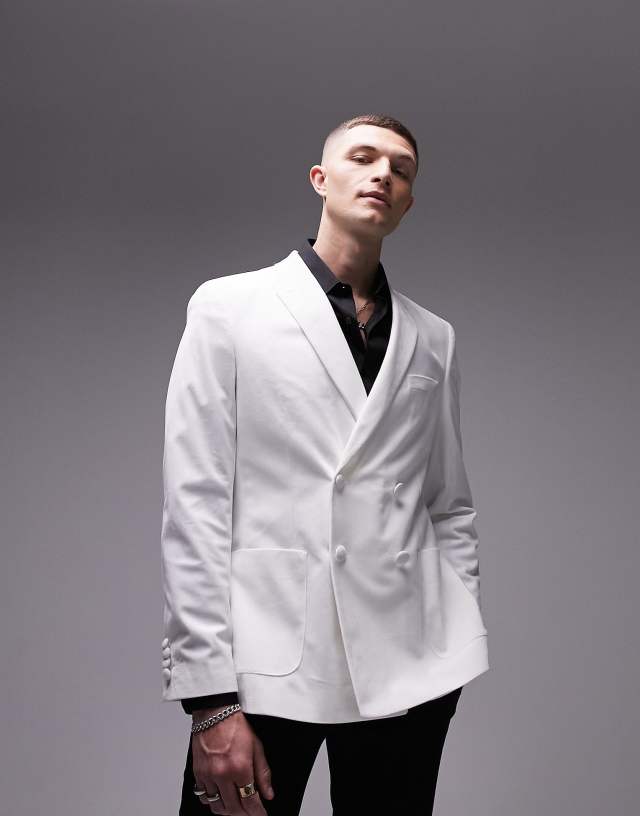 Topman - double breasted velvet blazer in white