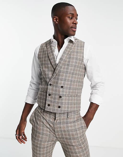 Topman double breasted suit waistcoat in brown check