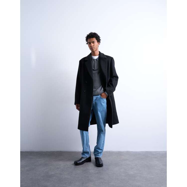 Topman double breasted wool blend overcoat in black | ASOS