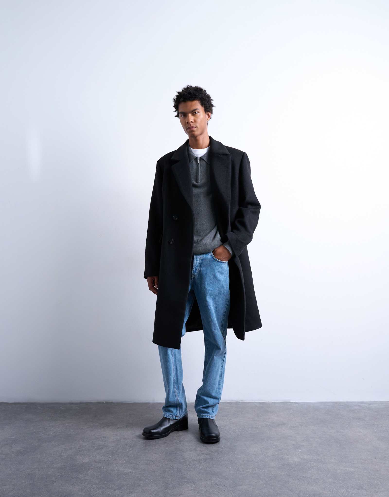 Двубортное пальто из смеси шерсти Topman черного цвета