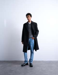Double breasted wool blend overcoat in black