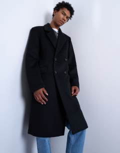 Model wearing Double breasted wool blend overcoat in black