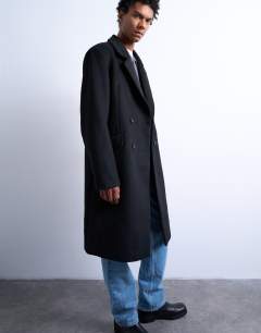 Model wearing Double breasted wool blend overcoat in black