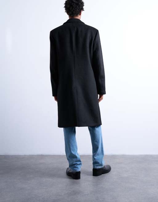 Topman double breasted wool blend overcoat in black, 5 of 5