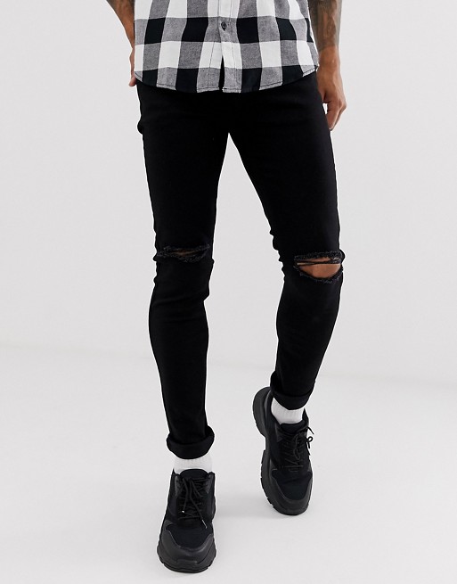 Topman double knee rip stretch skinny jeans in black