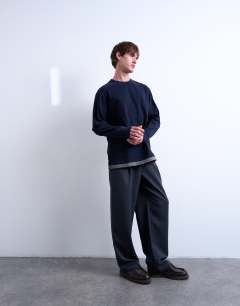 Double layer jersey long sleeve tee in navy and grey