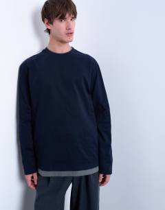 Model wearing Double layer jersey long sleeve tee in navy and grey