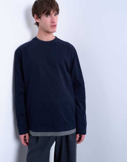 Topman double-layer jersey long sleeve tee in navy and grey, 2 of 5