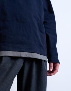 Model wearing Double layer jersey long sleeve tee in navy and grey