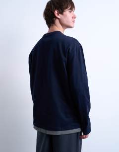 Model wearing Double layer jersey long sleeve tee in navy and grey