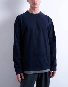 Model wearing Double layer jersey long sleeve tee in navy and grey