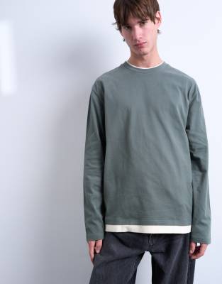 Topman Double Layer Jersey Long Sleeve Tee In Green
