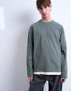 Double layer jersey long sleeve tee in sage and cream