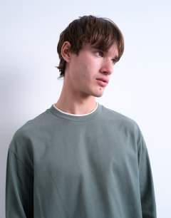 Model wearing Double layer jersey long sleeve tee in sage and cream