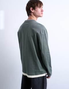 Model wearing Double layer jersey long sleeve tee in sage and cream