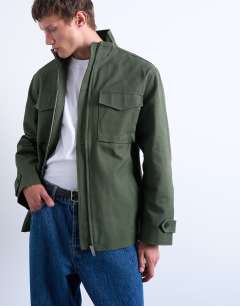 Double pocket funnel neck canvas jacket in green