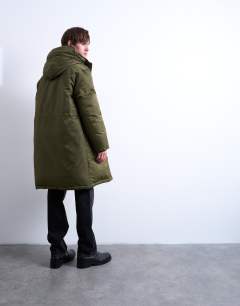 Model wearing Double pocket parka in khaki
