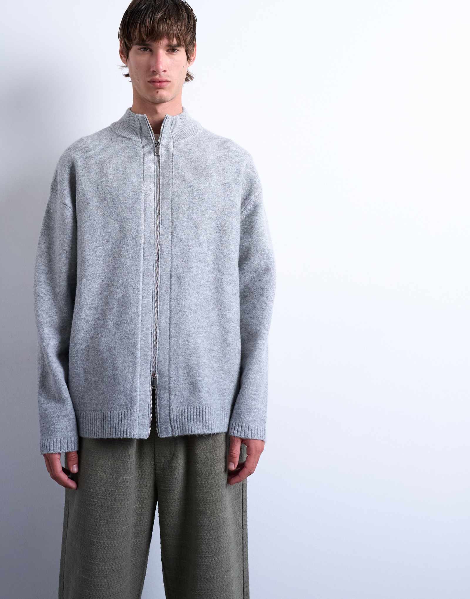Серый кардиган с воронкообразным вырезом и двойной молнией Topman
