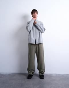 Model wearing Double zip funnel neck cardigan in grey