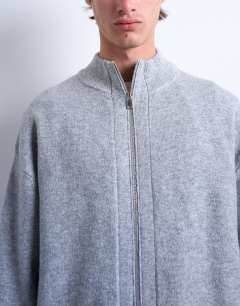 Model wearing Double zip funnel neck cardigan in grey