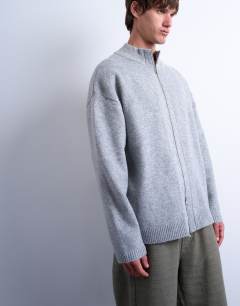 Model wearing Double zip funnel neck cardigan in grey