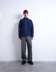 Model wearing Double zip funnel neck cardigan in navy