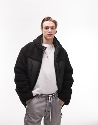 Topman puffer jacket with borg pannelling in black - ASOS Price Checker