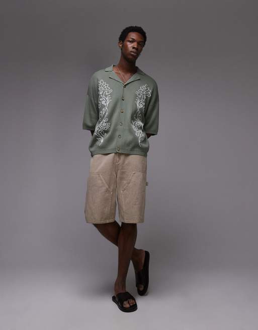 Topman dual floral embroidered revere polo in sage