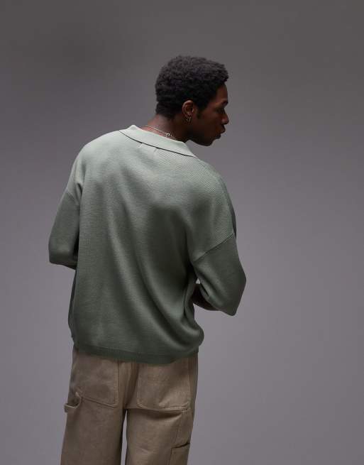 Topman dual floral embroidered revere polo in sage