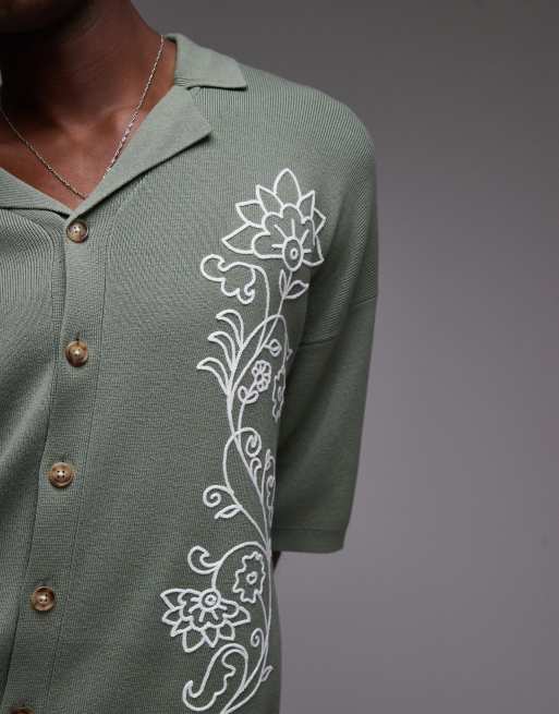 Topman dual floral embroidered revere polo in sage