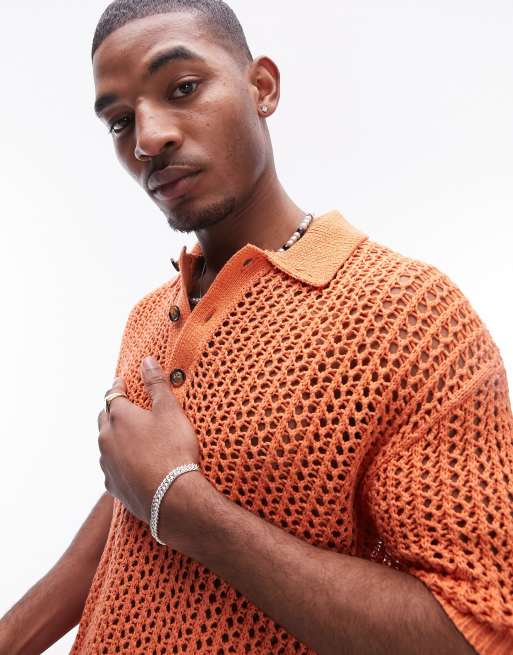 Topman – Dzianinowa koszulka polo w kolorze koralowym w szydełkowy ażurowy wzór