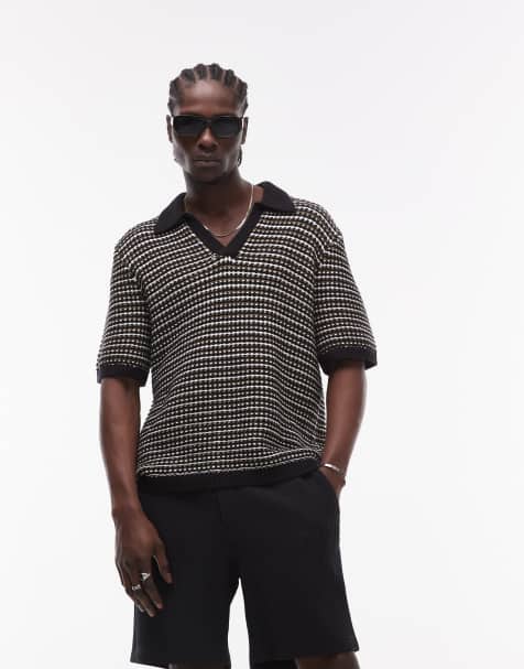 Topman revere knitted polo shirt in stripe