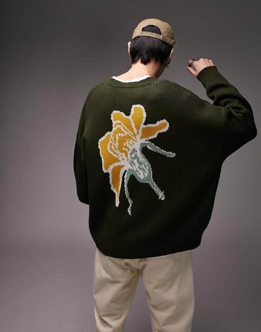 Topman – Dzianinowy kardigan oversize w kolorze khaki z motywem kwiatka na plecach