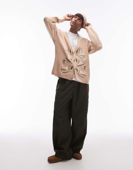 Topman – Dzianinowy kardigan w kolorze ecru z kwiatowym haftowanym wzorem