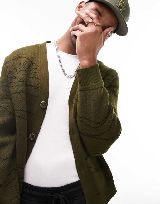 Topman – Dzianinowy kardigan w kolorze khaki we wzór z motywem plaży