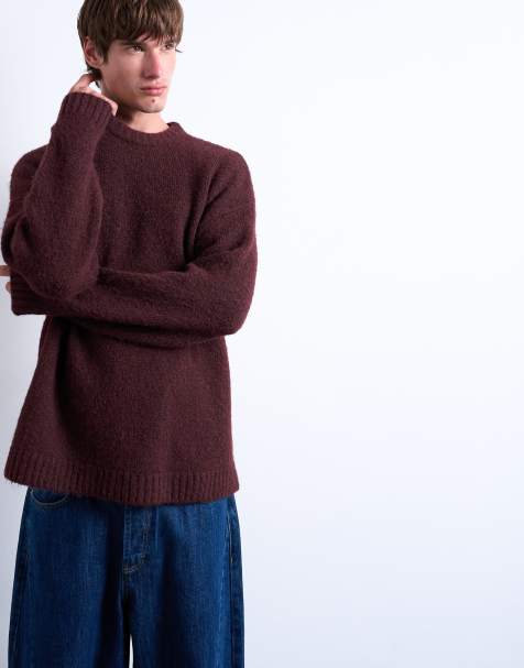 Topman loose knit crew jumper in burgundy