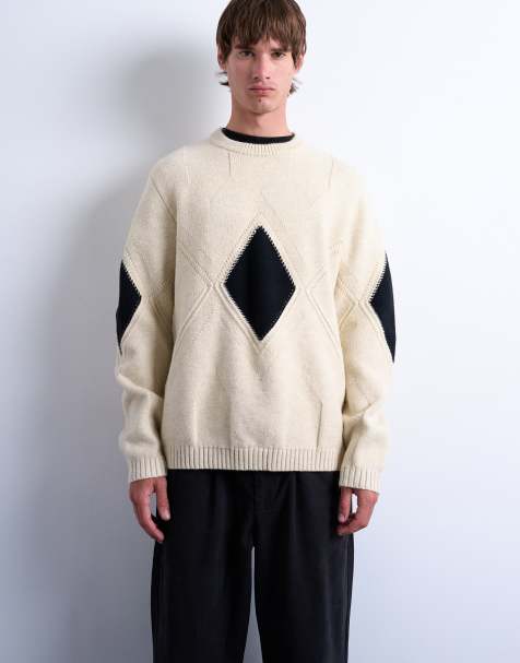 Topman diamond knitted jumper in ecru