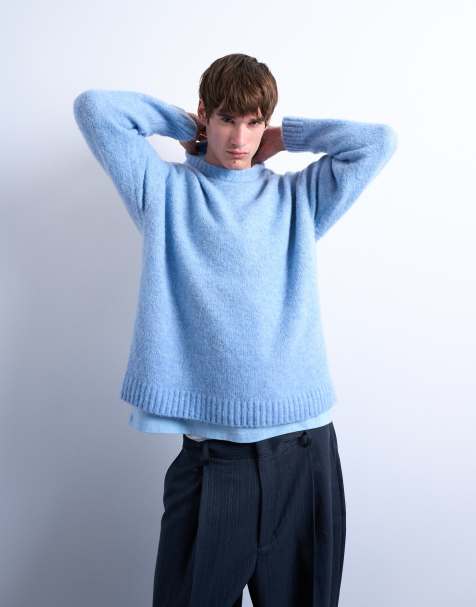 Topman loose knit crew jumper in mid blue
