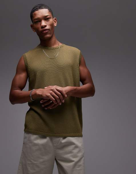 Topman relaxed fit knitted crew neck tank in khaki