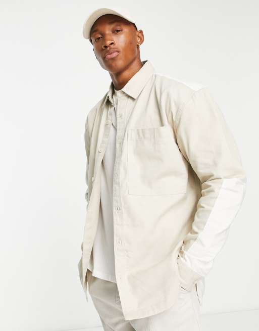 Topman - Ecru, beige og vatteret skjorte med paneler og lange ærmer i afslappet pasform