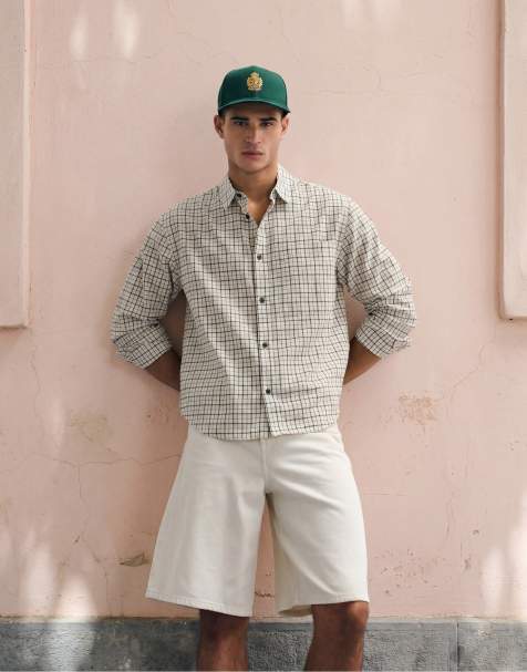 Topman - Ecrufarvet cropped afslappet skjorte med tern - view 1