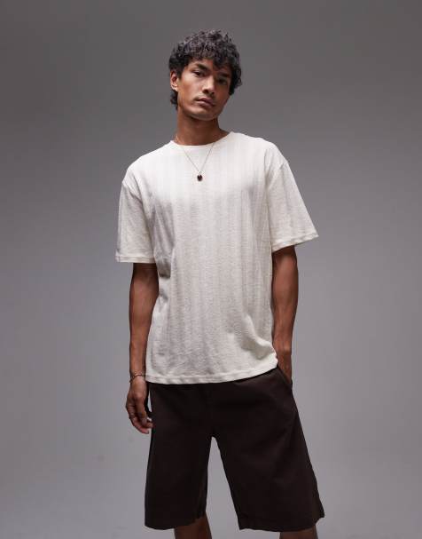 Topman - Ecrufarvet og oversized T-shirt med vertikale striber og tekstur - view 1