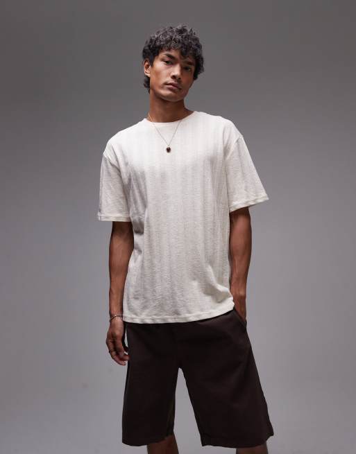 Topman - Ecrufarvet og oversized T-shirt med vertikale striber og tekstur