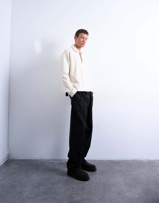 Topman - Ecrufarvet polo-sweatshirt med raglansnit og tekstur i firkantet pasform, 2 af 5