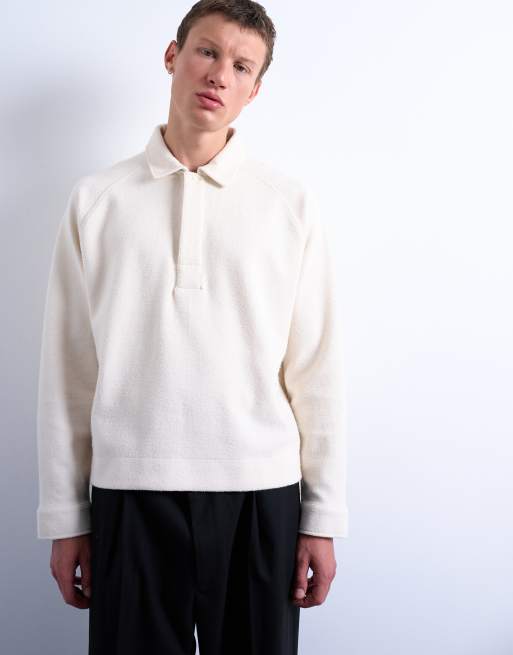 Topman - Ecrufarvet polo-sweatshirt med raglansnit og tekstur i firkantet pasform, 4 af 5
